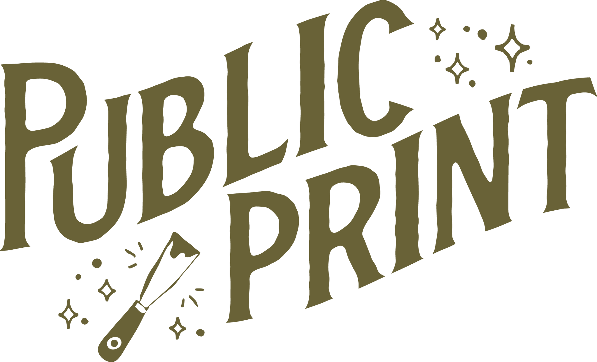 Logo of 'Public Print' with a printing press tool icon on a white background