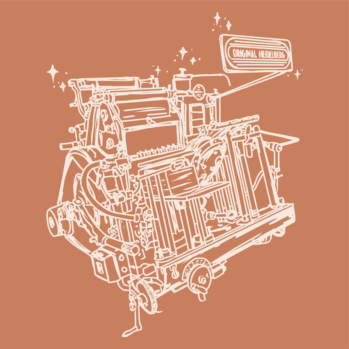 Illustration of a Heidelberg windmiill printing press on a warm peach  background