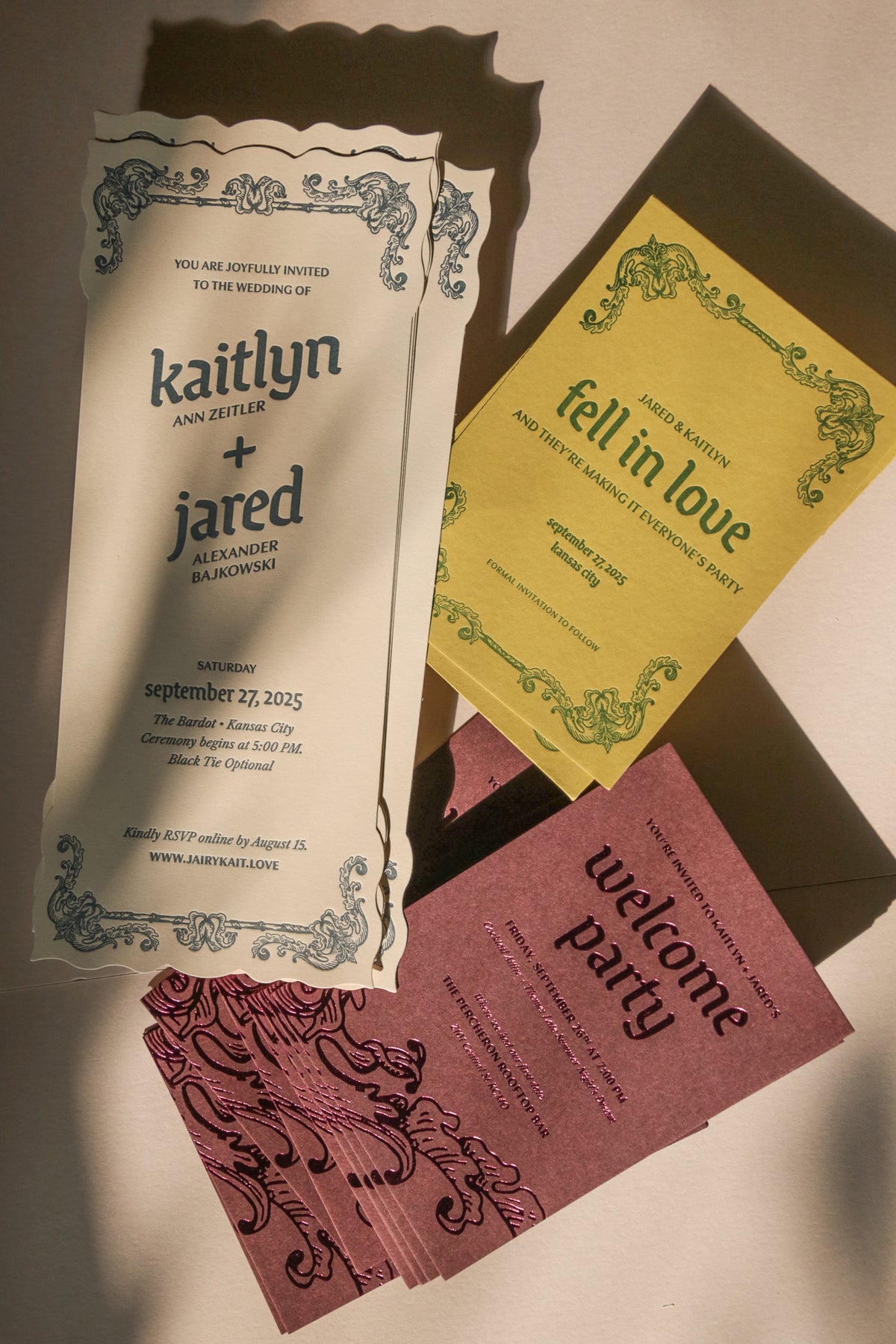 Set of wedding invitations with personalized text on a neutral background